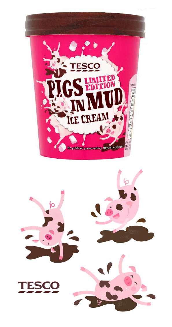Sugar Snap Studio, Packaging for ice cream. Playful pigs on a pink background playing in mud 
